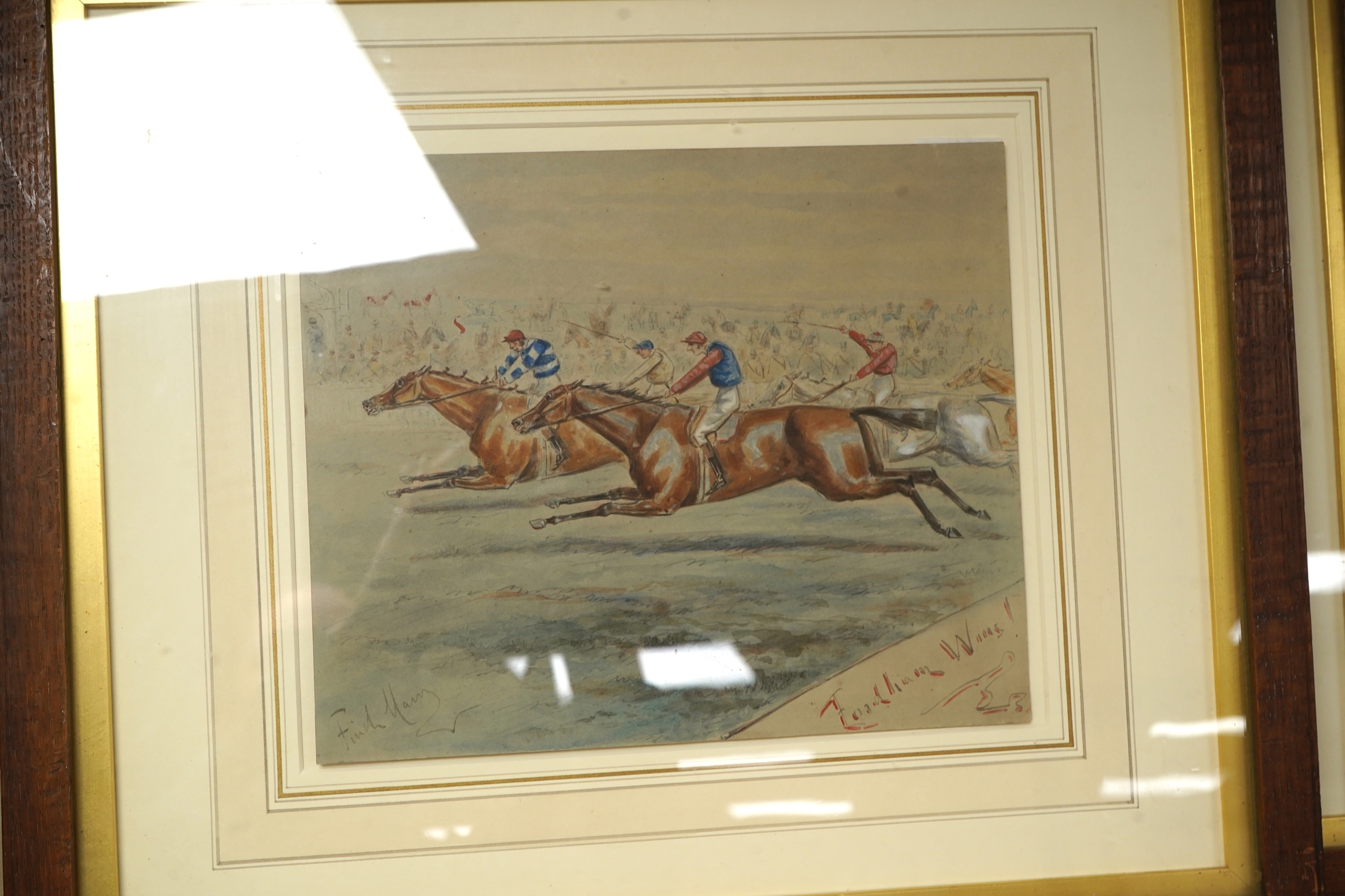 George Finch Mason (1850-1915), ‘Archer Wins!’ and ‘Findham Wins!’, each signed, pair of horse racing interest watercolours, 22 x 27cm together with George Finch Mason (1850-1915), Horse racing scenes, one titled ‘Fordli
